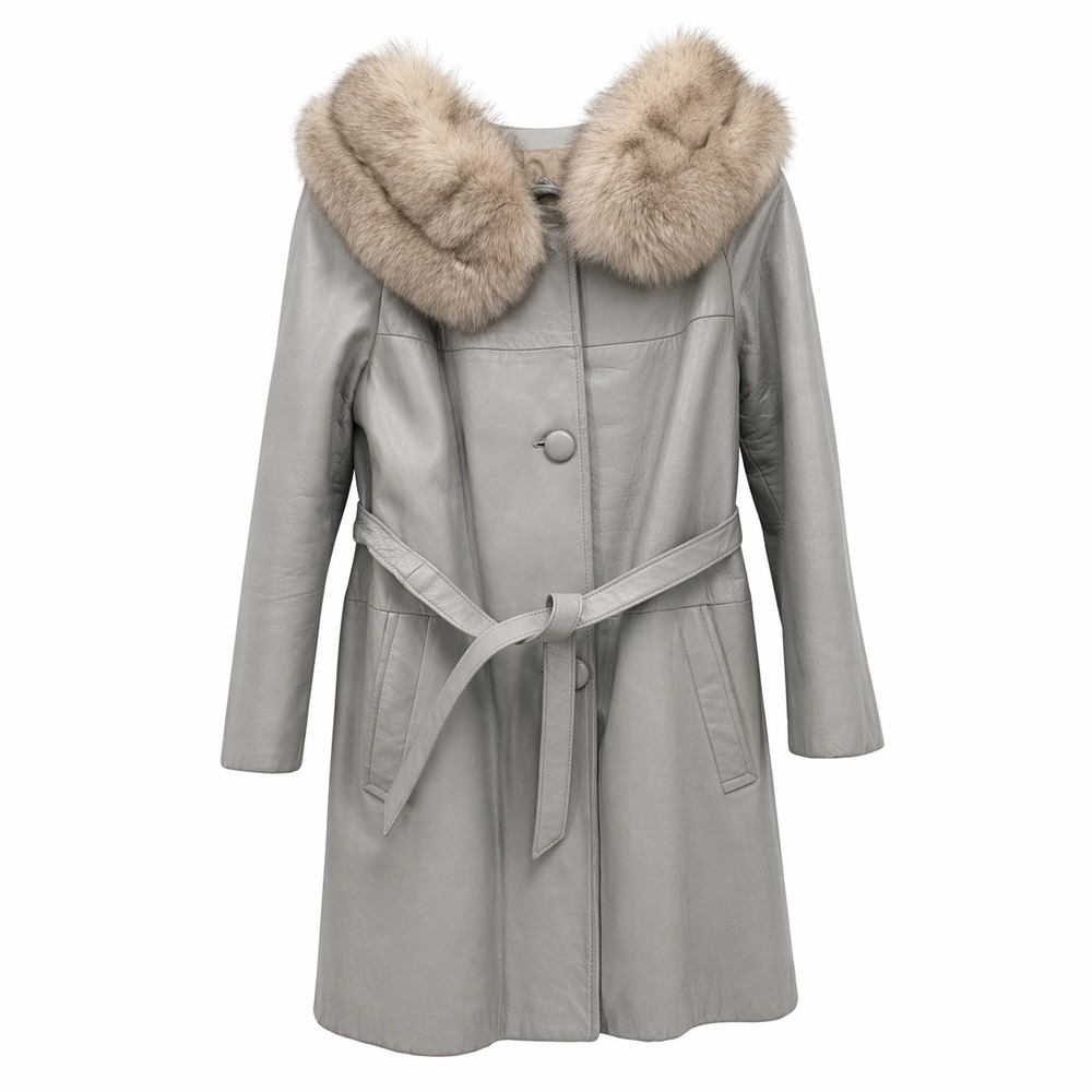 Vintage Gray Leather Trench Coat with Real Fur Collar Belted Mid Length Jacket